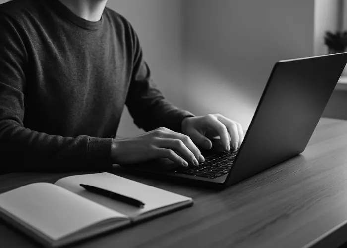 Mann sitzt am Laptop. Davor liegt ein Notizbuch mit Stift